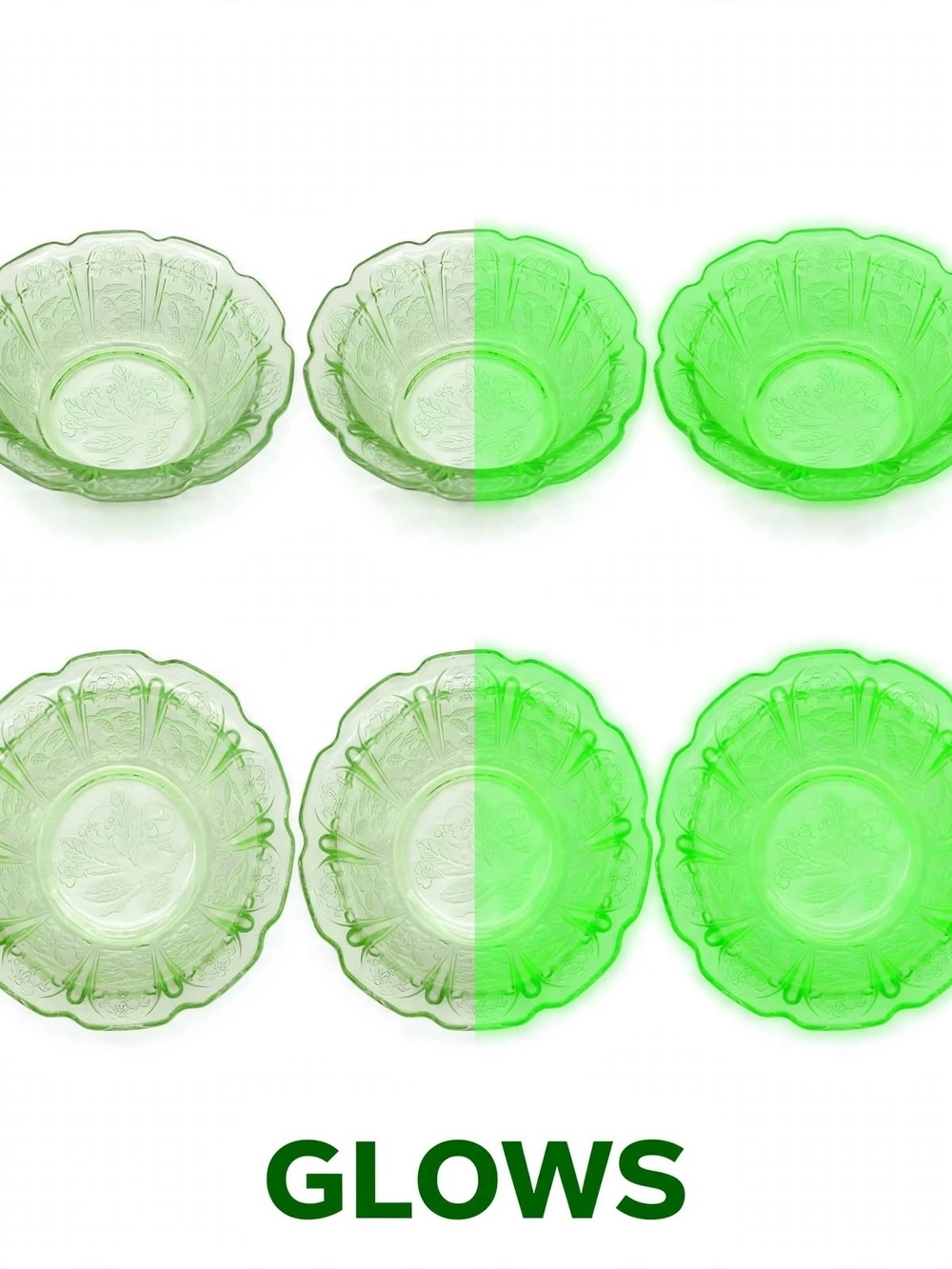 Vintage Anchor Hocking Cherry Blossom Uranium Glass 6pc Set 3 Bowl,3 Saucers Set